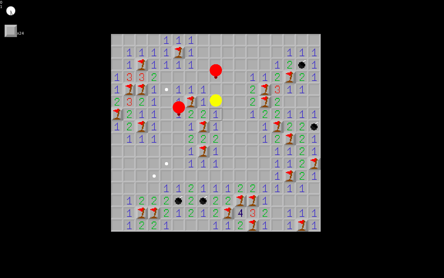 A solved board of Pac-Sweeper, with some revealed mines.